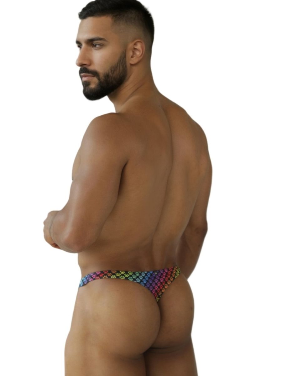 CityBOYZ★USA Xtremen rainbow printed microfiber thong with pawprint design, featuring a comfortable, minimalistic fit.