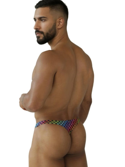 CityBOYZ★USA Xtremen rainbow printed microfiber thong with pawprint design, featuring a comfortable, minimalistic fit.