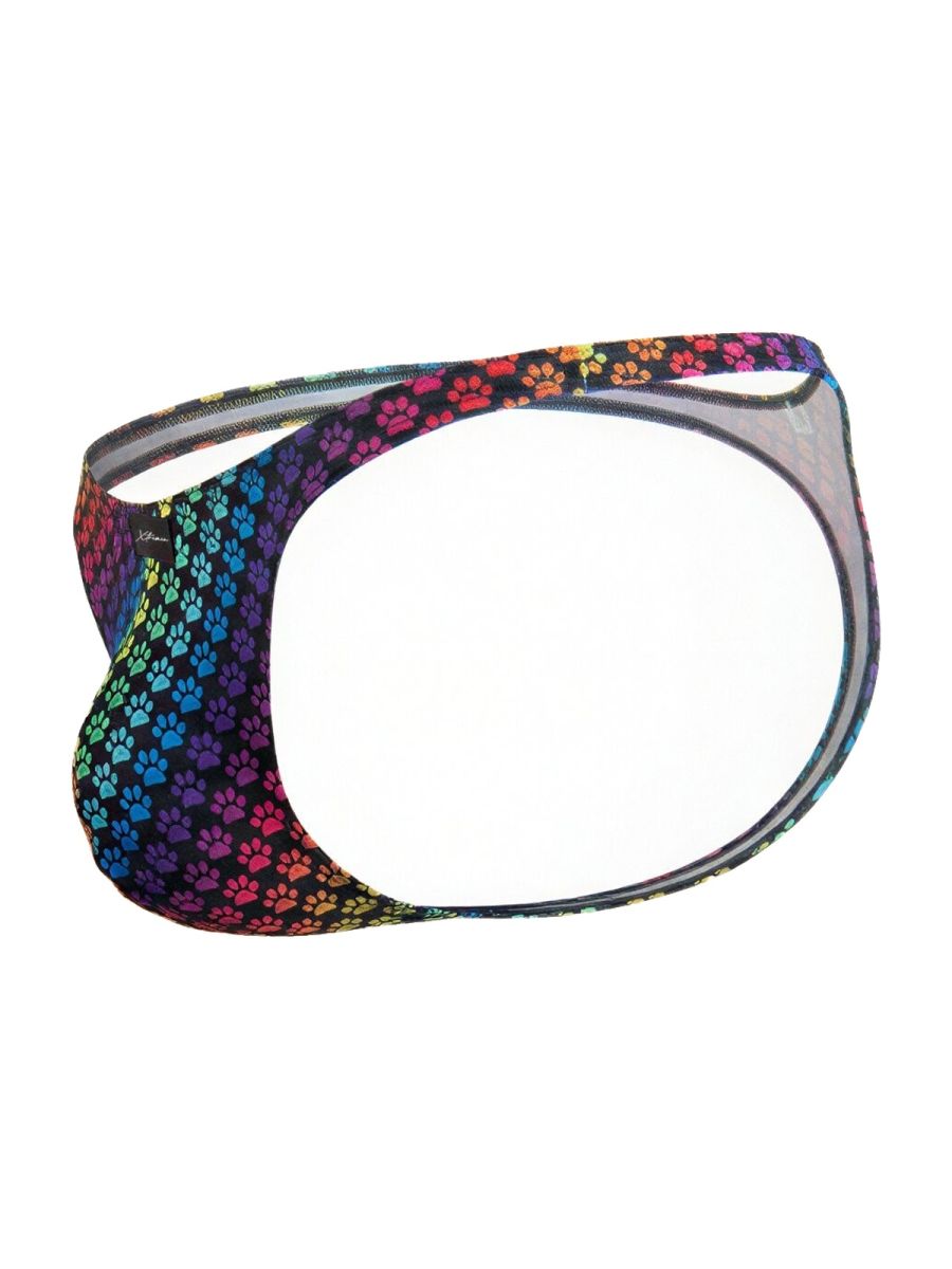 Rainbow printed microfiber thong by CITYBOYZ USA featuring pawprint design and slim fit style.