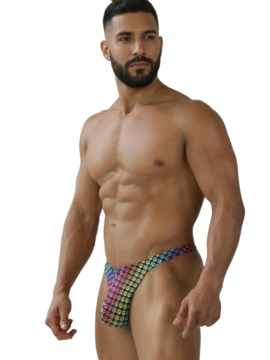 Rainbow printed microfiber thong by CITYBOYZ USA featuring colorful pawprint design and sleek fit.