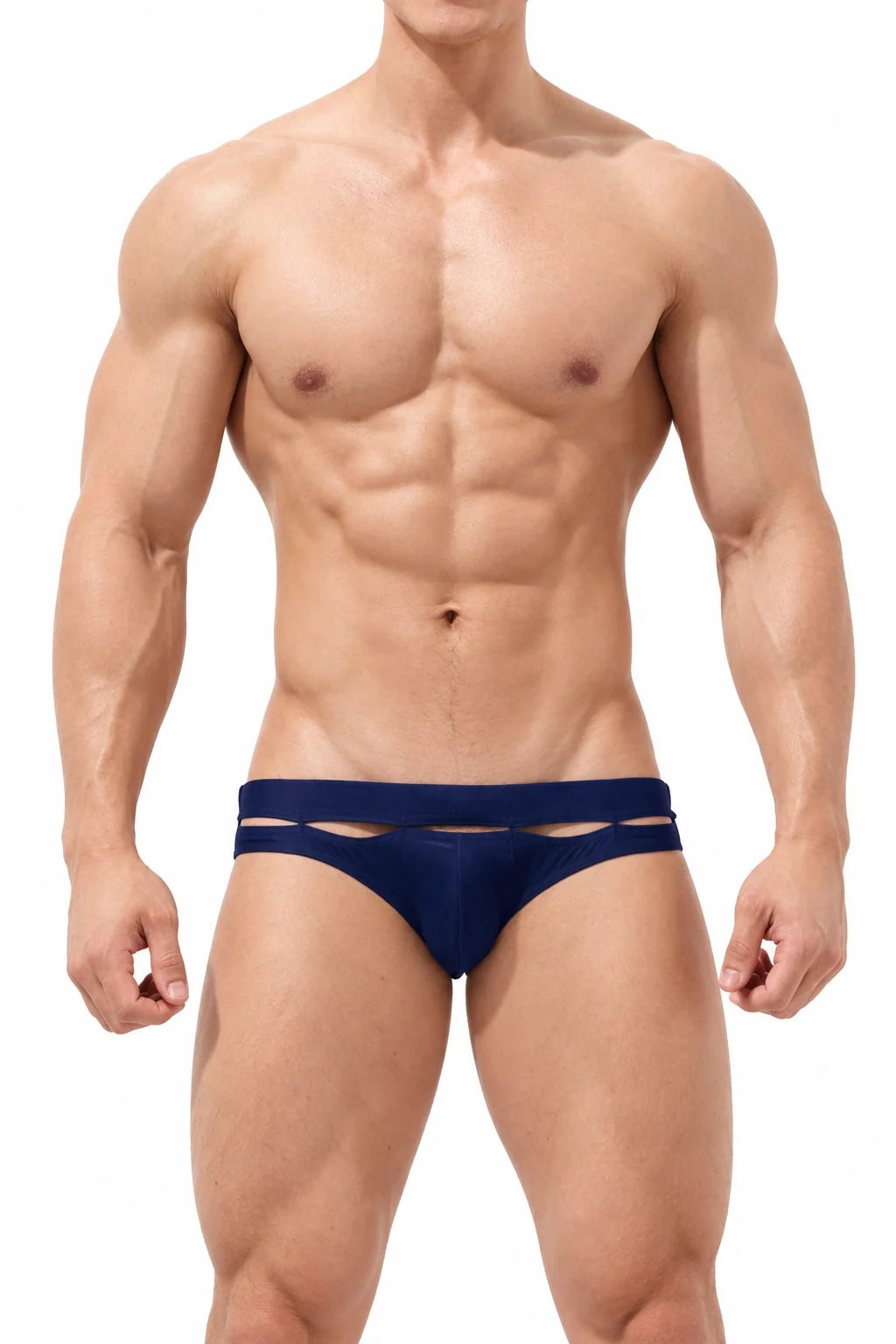 Men's low-rise swim briefs by 4inme featuring a hollow design, made for stylish and comfortable swimwear.