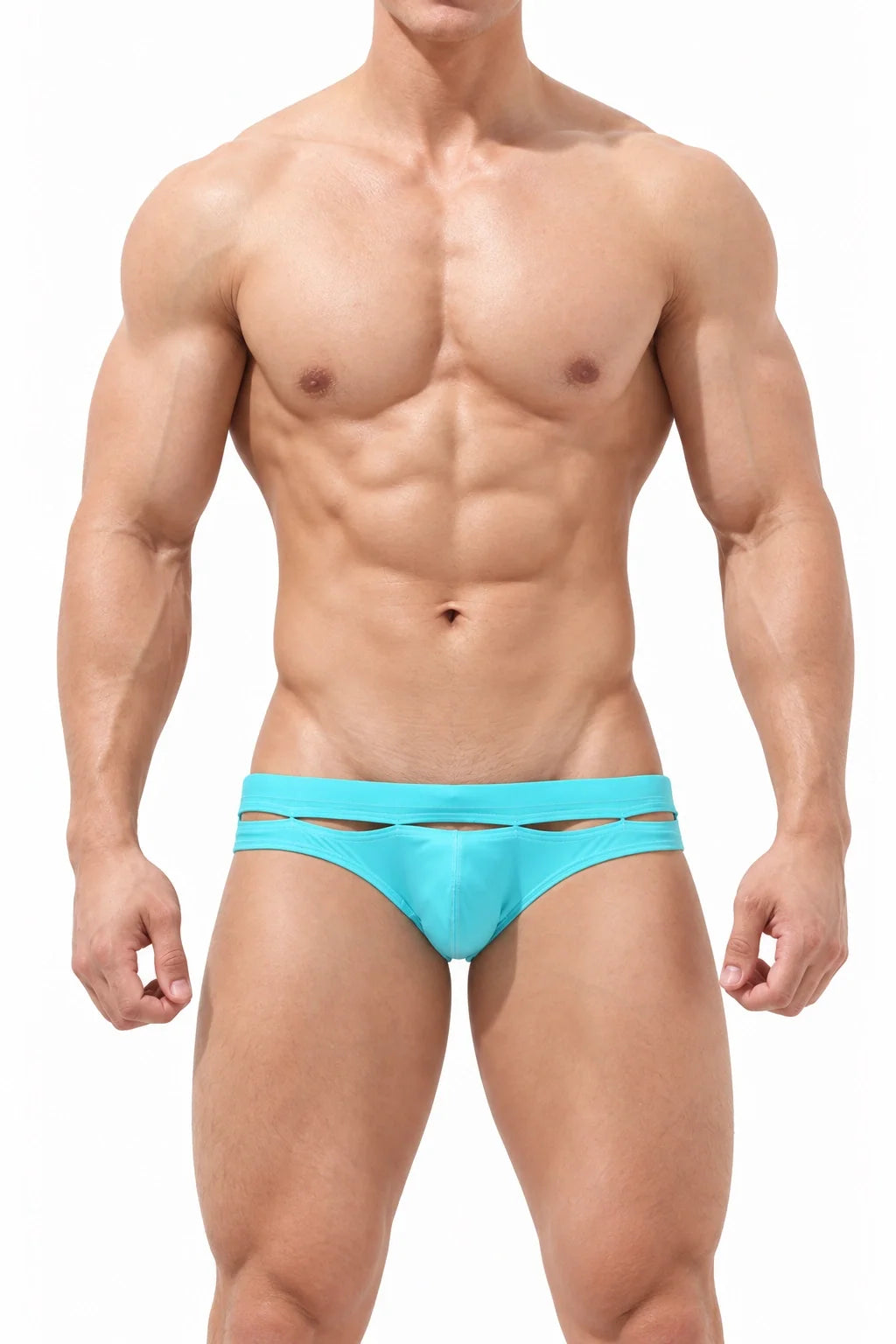 Men's low-rise swim briefs by 4inme featuring a hollow design, made from stylish swimwear fabric.