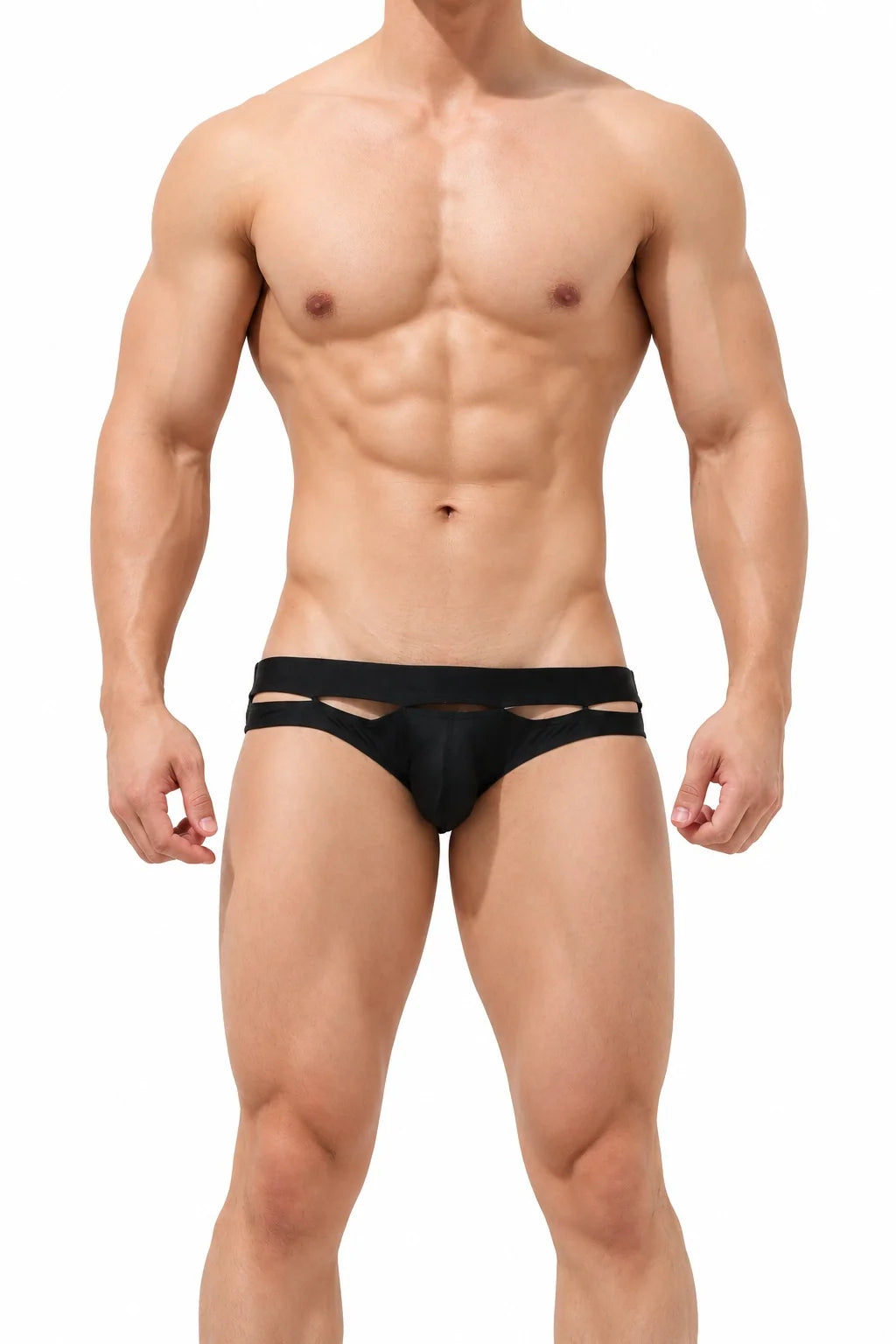 Men's sexy low-rise swim briefs by 4inme featuring a hollow design, perfect for stylish beach or poolside swimwear.