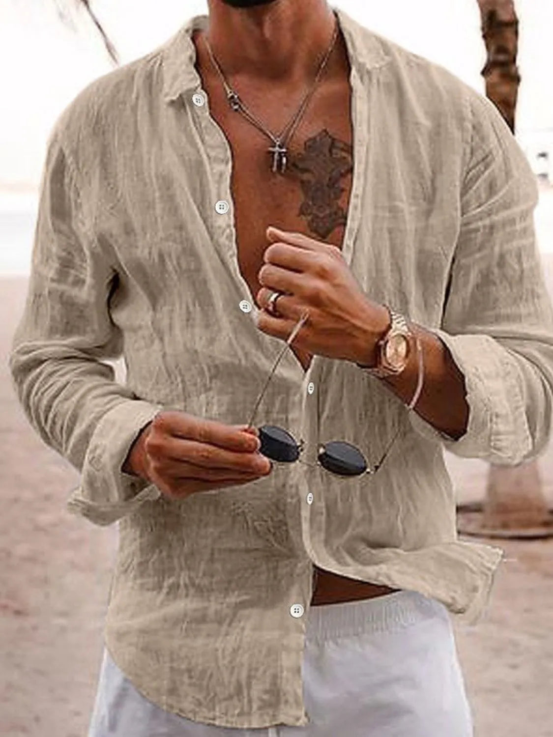 Trendsi MasteryMan men's full-size button-up long sleeve shirt in a stylish, versatile design, shown on a model.