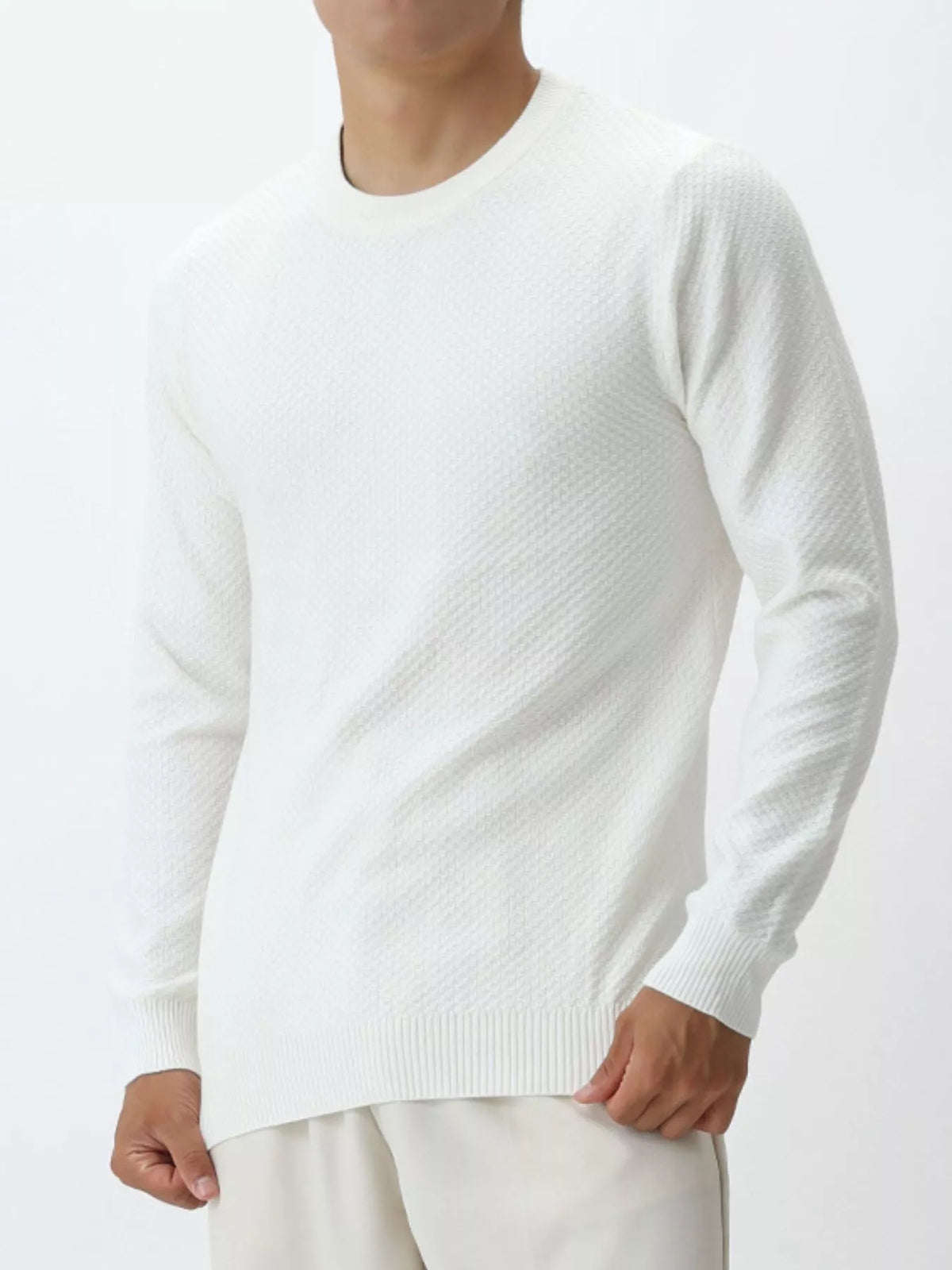 Plus size ValiantMan men's textured crew neck sweater in a neutral color, featuring a cozy knit design and comfortable fit.