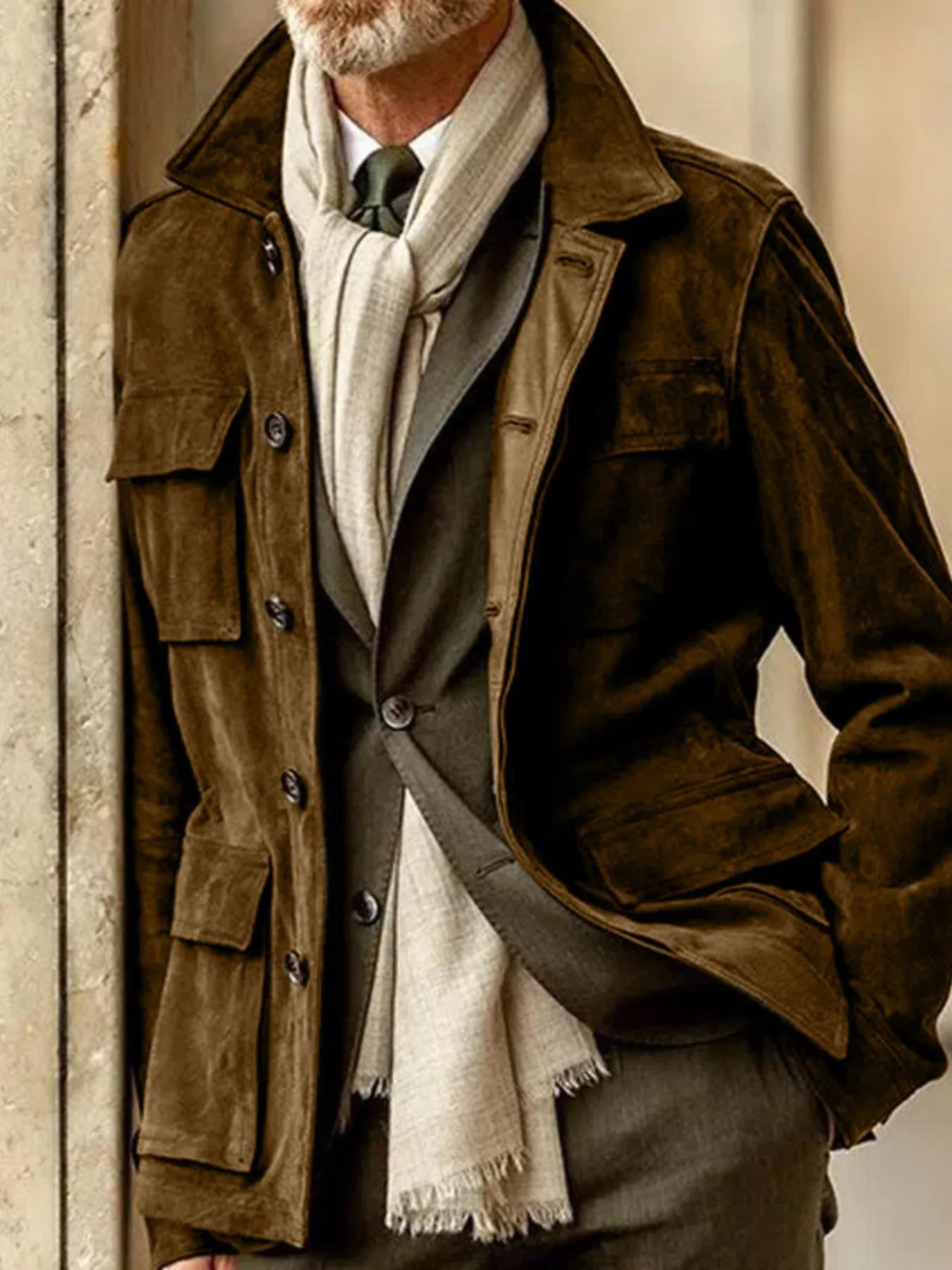 Men's ElitePlus full-size button-up long sleeve coat by Trendsi, shown in a stylish, lightweight jacket with collar and button details.