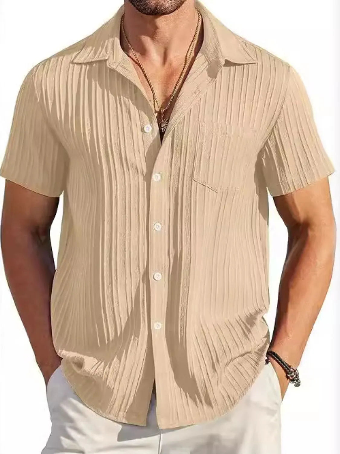 Men's casual short sleeve button-down shirt by Trendsi, featuring a stylish design and comfortable fit.