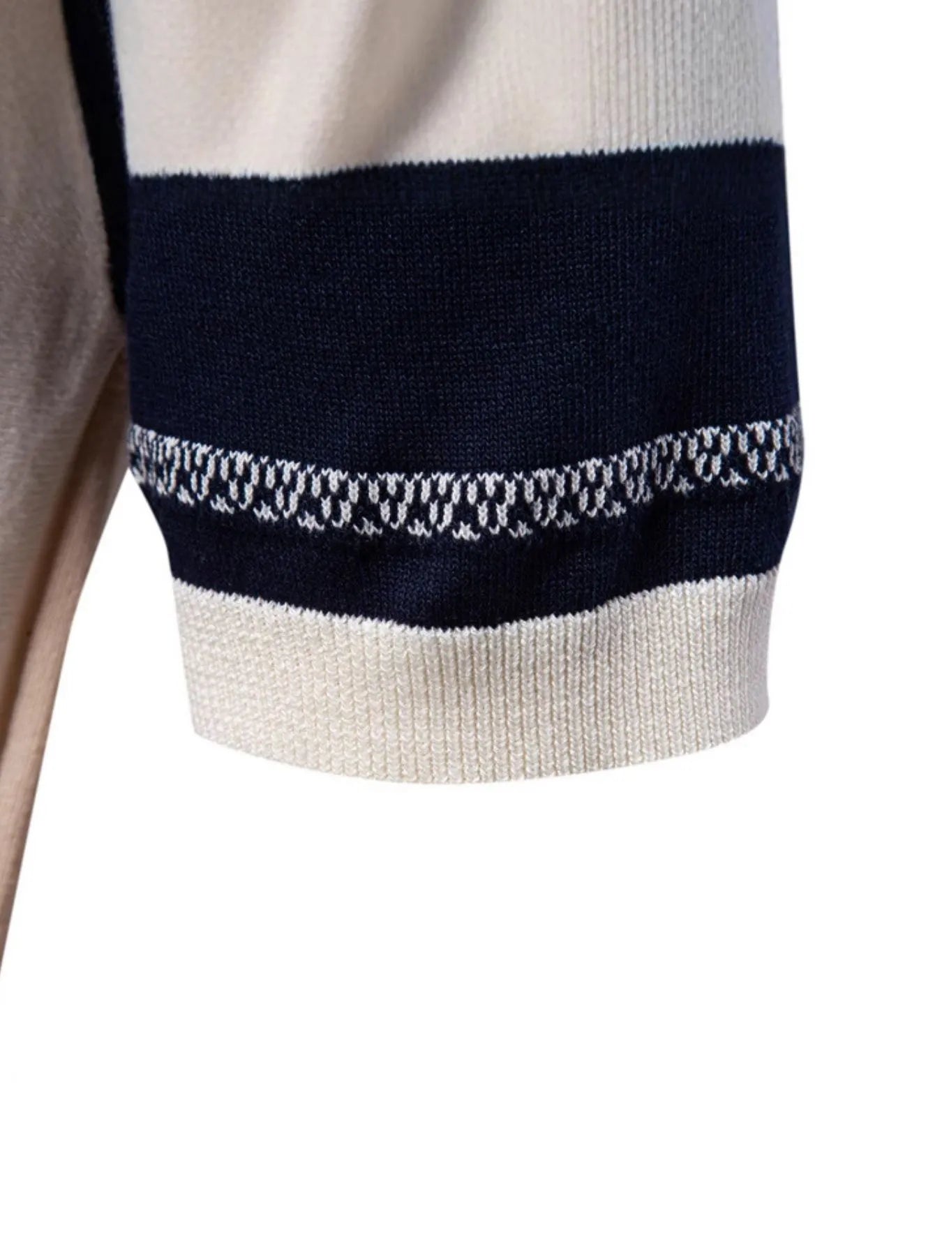 Men's contrast striped knit polo shirt from Trendsi, featuring a classic collar, short sleeves, and a stylish striped pattern.