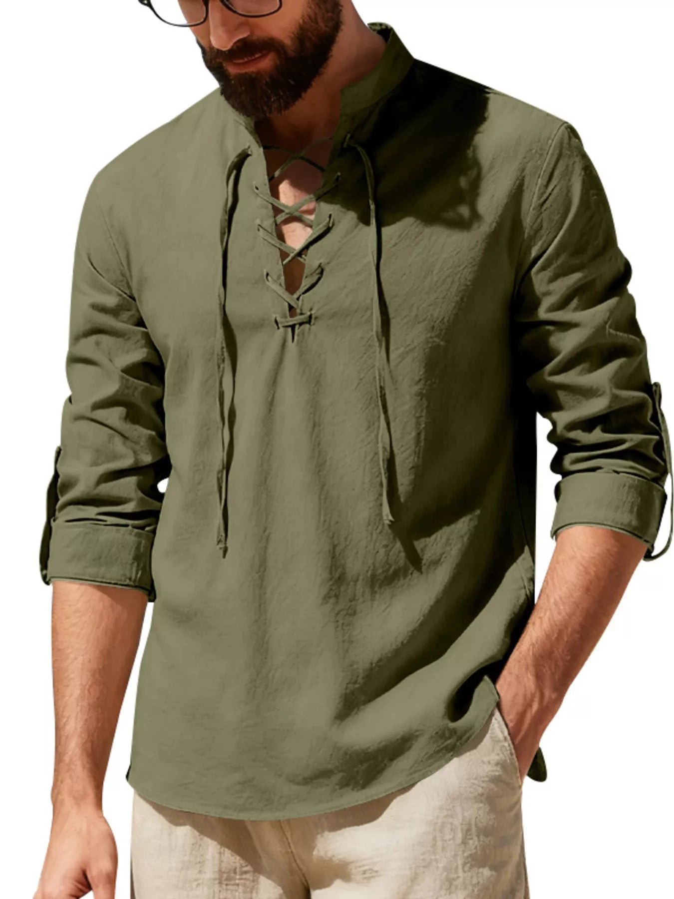 Men's casual linen shirt with full size fit, lace-up front, by Trendsi, featuring a lightweight, breathable fabric perfect for warm weather.
