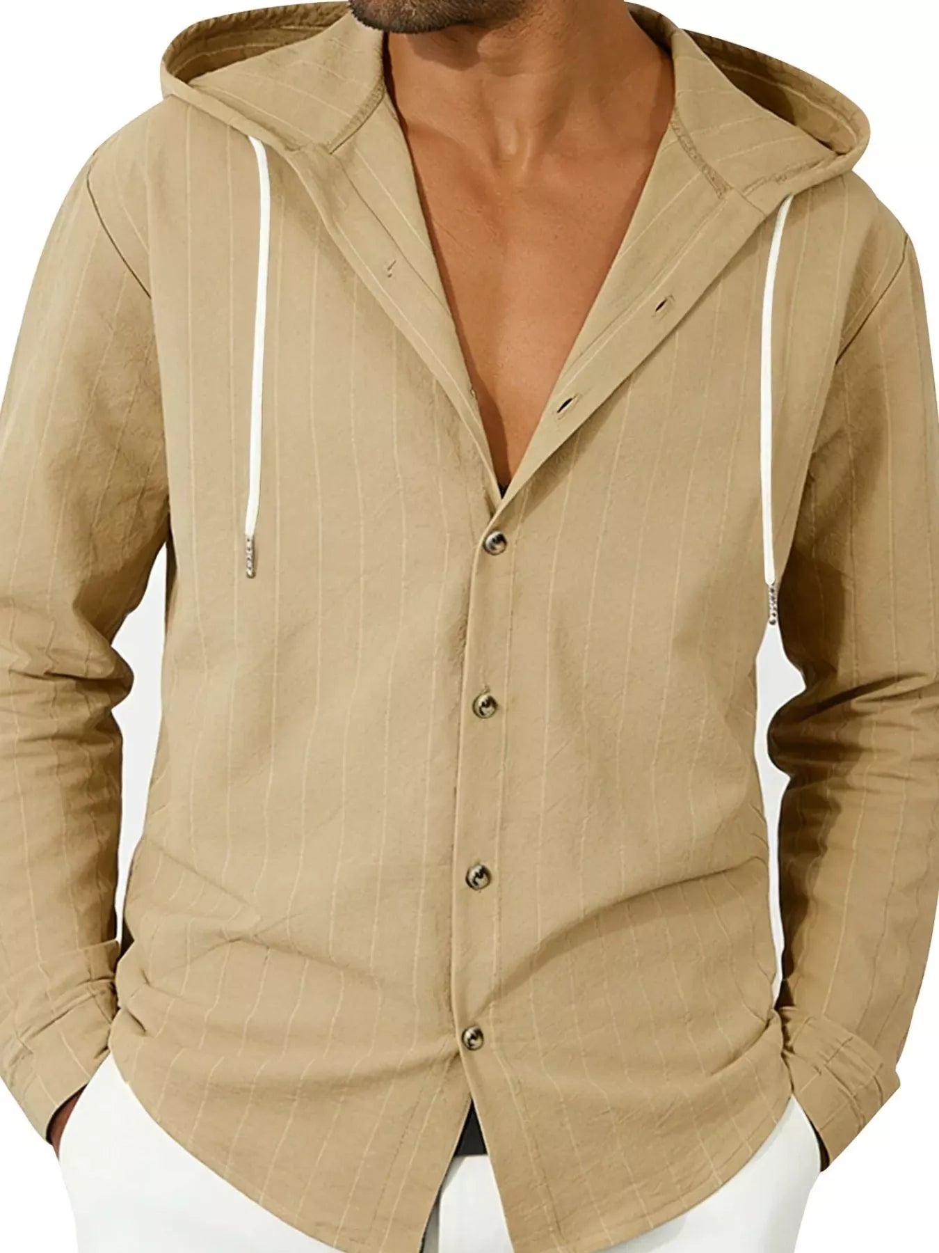 Plus size men's RIGOR hoodie shirt with drawstring hood, button-up design, in a casual style, shown in black and front view.