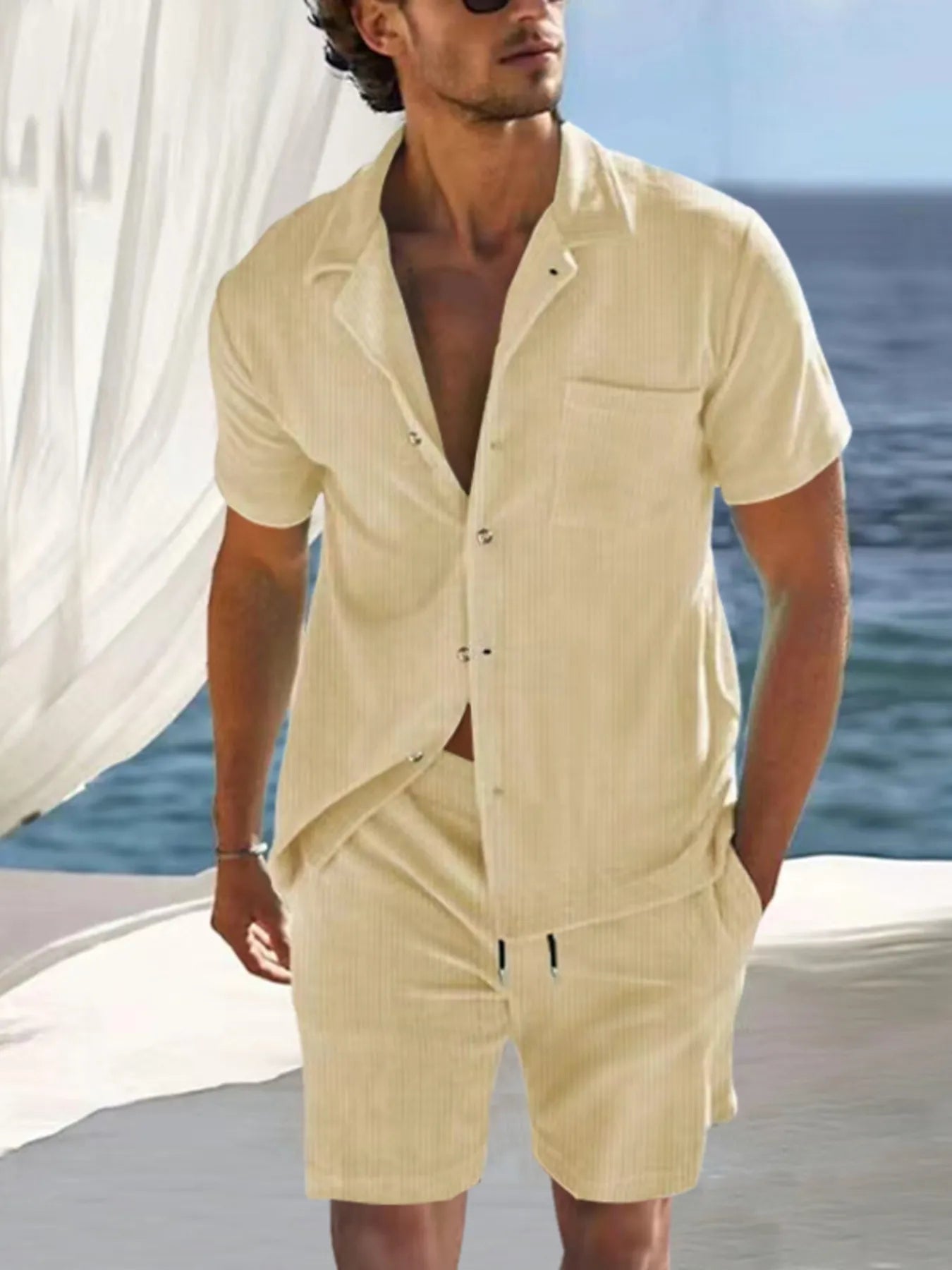 Trendsi DapperMate men's casual short sleeve polo shirt and matching shorts set, featuring comfortable fabric and stylish design.