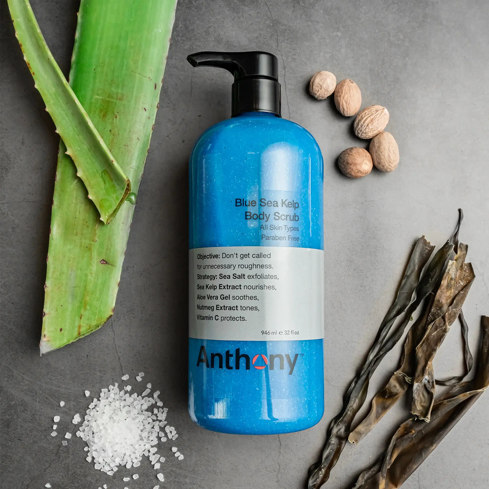 Anthony Blue Sea Kelp Body Scrub for men by CITYBOYZ USA, exfoliating grooming product with blue kelp and textured scrub particles.