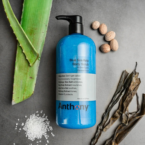 Anthony Blue Sea Kelp Body Scrub for men by CITYBOYZ USA, exfoliating grooming product with blue kelp and textured scrub particles.