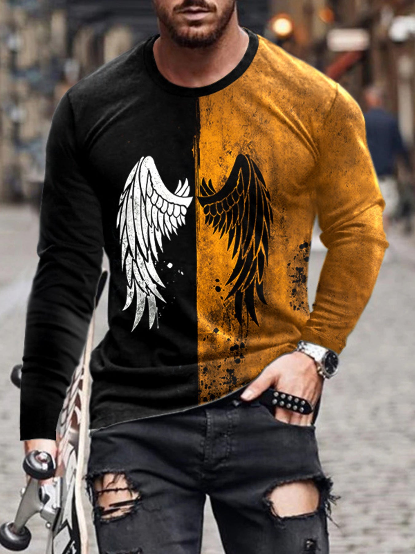 LusterMan men's long-sleeve T-shirt featuring a split-color wing graphic in a full-size design, casual fashion shirt.