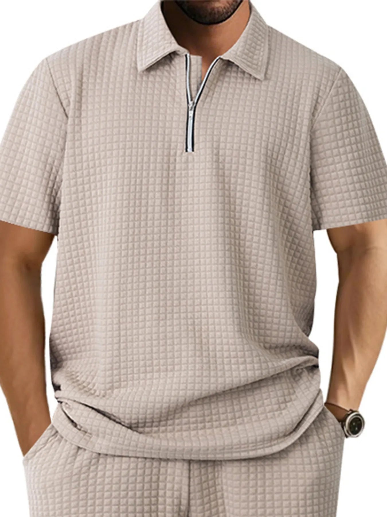 Men's waffle short sleeve polo shirt with zipper detail by Trendsi, featuring a classic collar and stylish design.