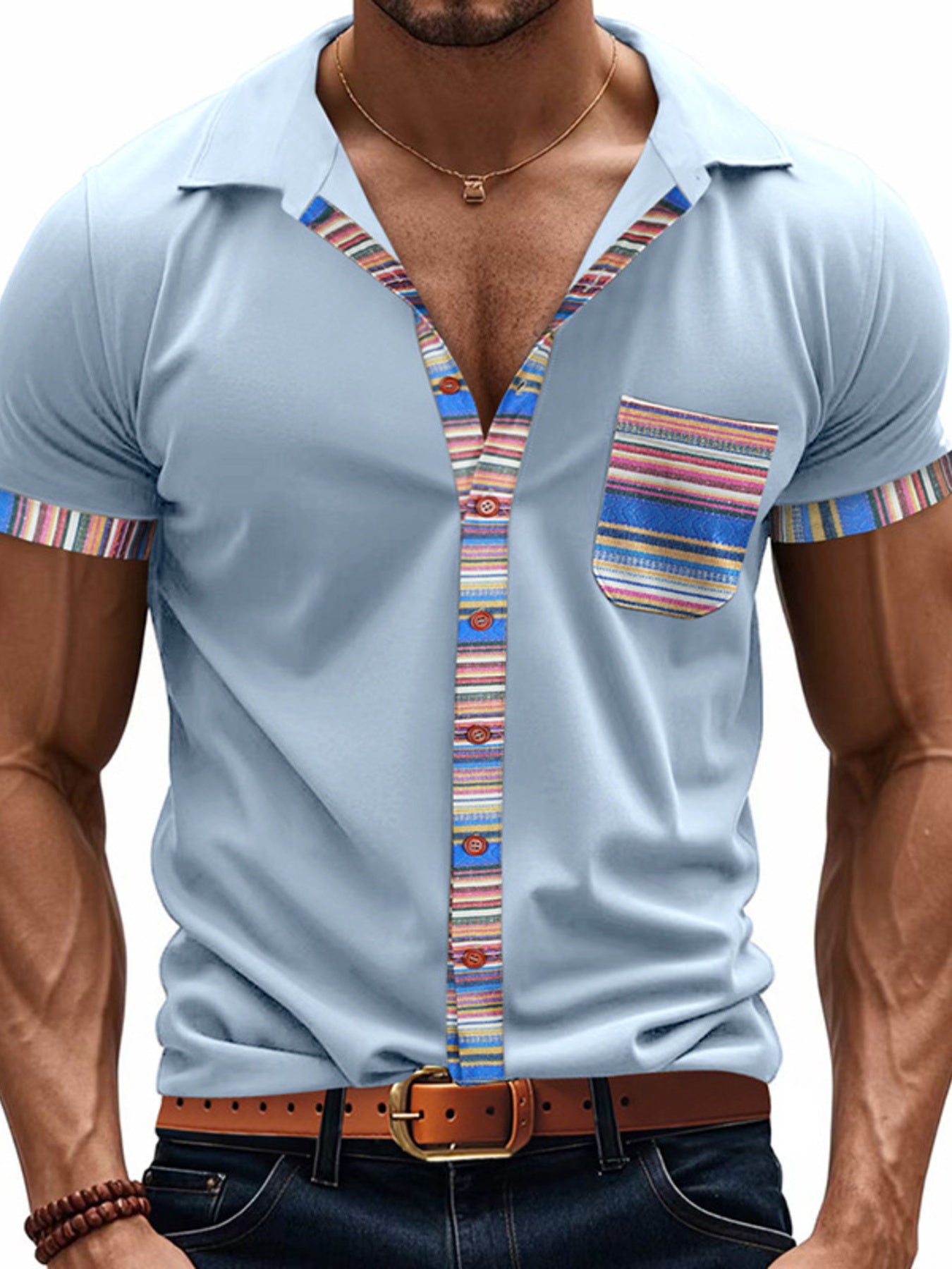 Men's short sleeve shirt by Trendsi with colorful trim, featuring a full size fit and stylish design.