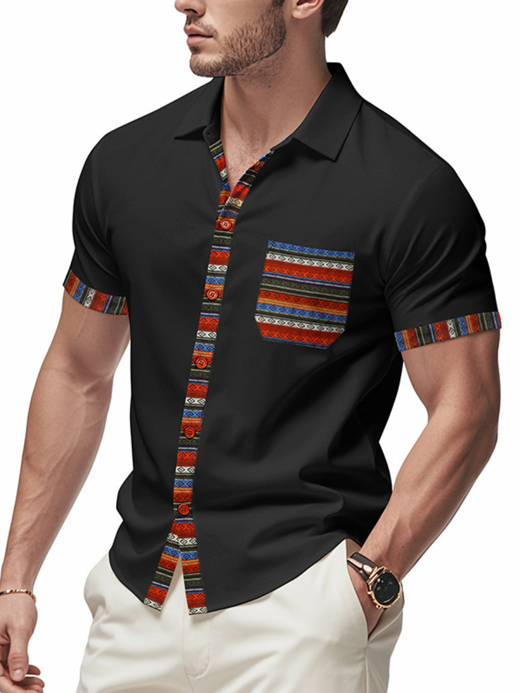 Men's short sleeve shirt with colorful trim from RIGOR by Trendsi, featuring a classic fit and vibrant detail on the collar and sleeves.