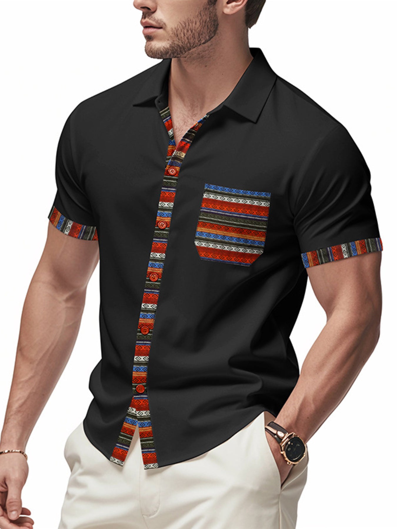 Men's short sleeve shirt with colorful trim from RIGOR by Trendsi, featuring a classic fit and vibrant detail on the collar and sleeves.