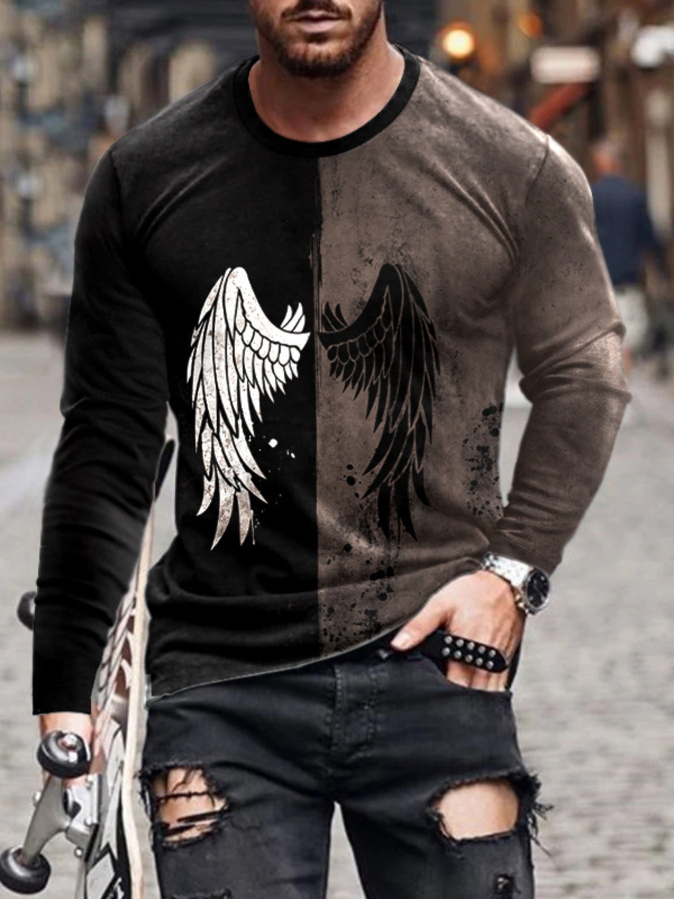 LusterMan men's long-sleeve T-shirt with split-color wing graphic, casual shirt in full size, black and white design.