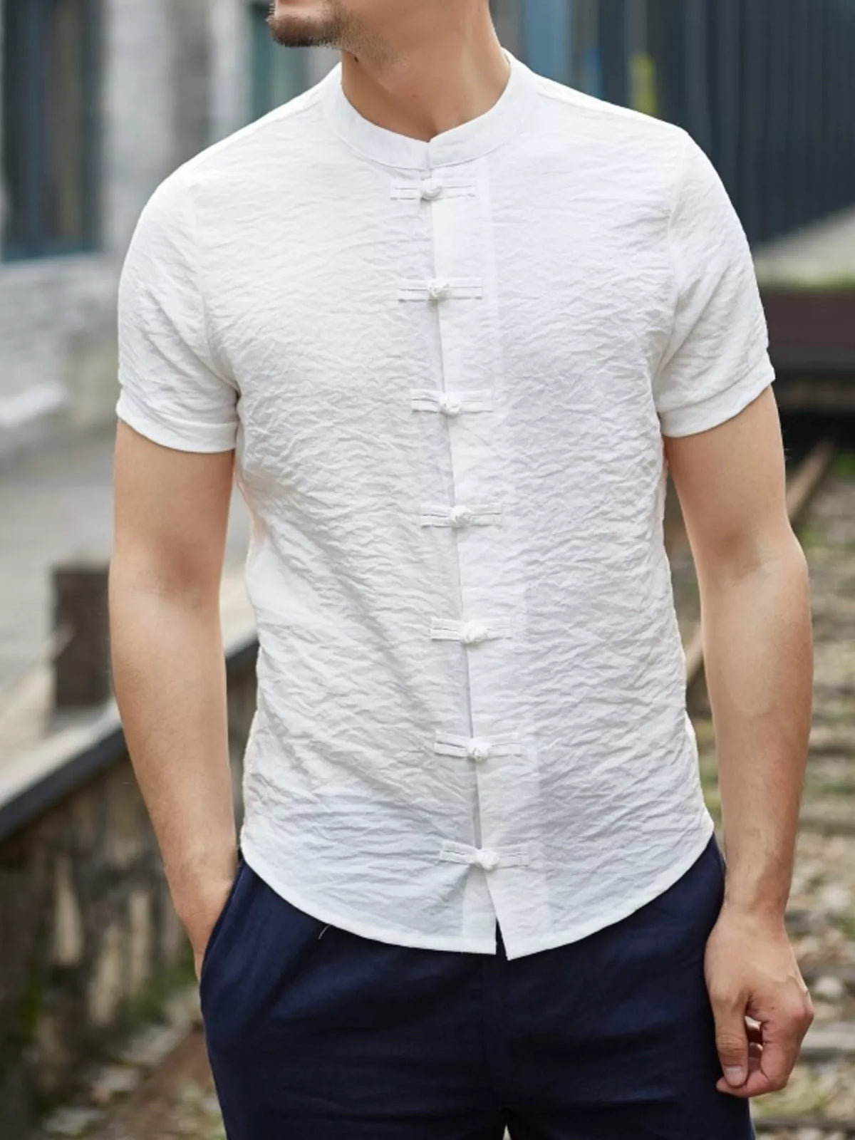 Nobilityze men's Chinese-style short sleeve shirt by Trendsi, featuring traditional design and full size fit, displayed on a hanger.