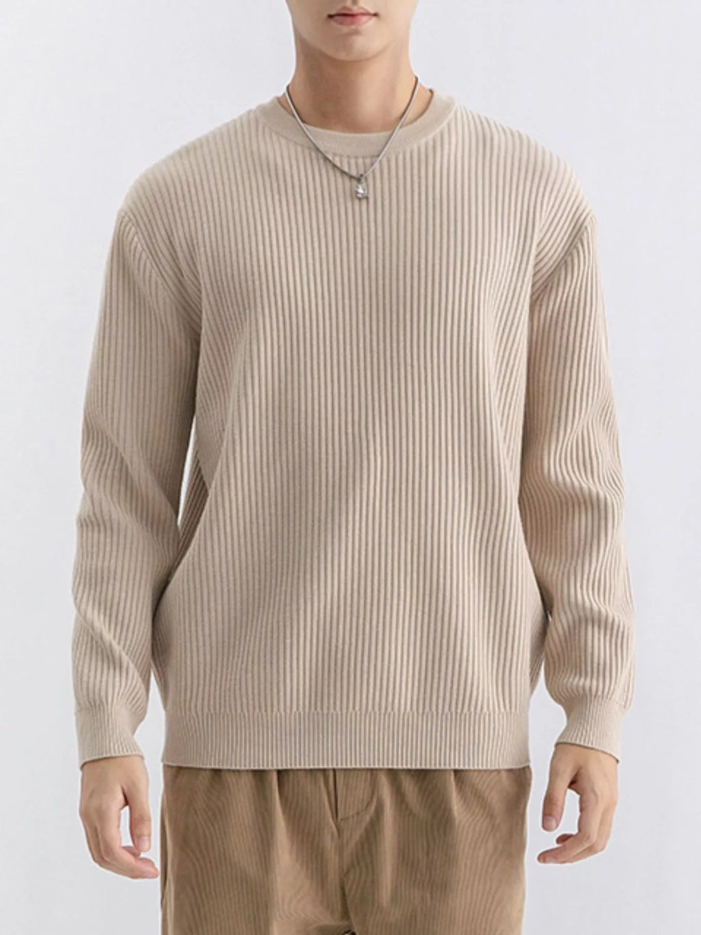 Plus size ValiantMan men's ribbed knit crew neck sweater in navy blue, shown on a mannequin with long sleeves and textured knit pattern.