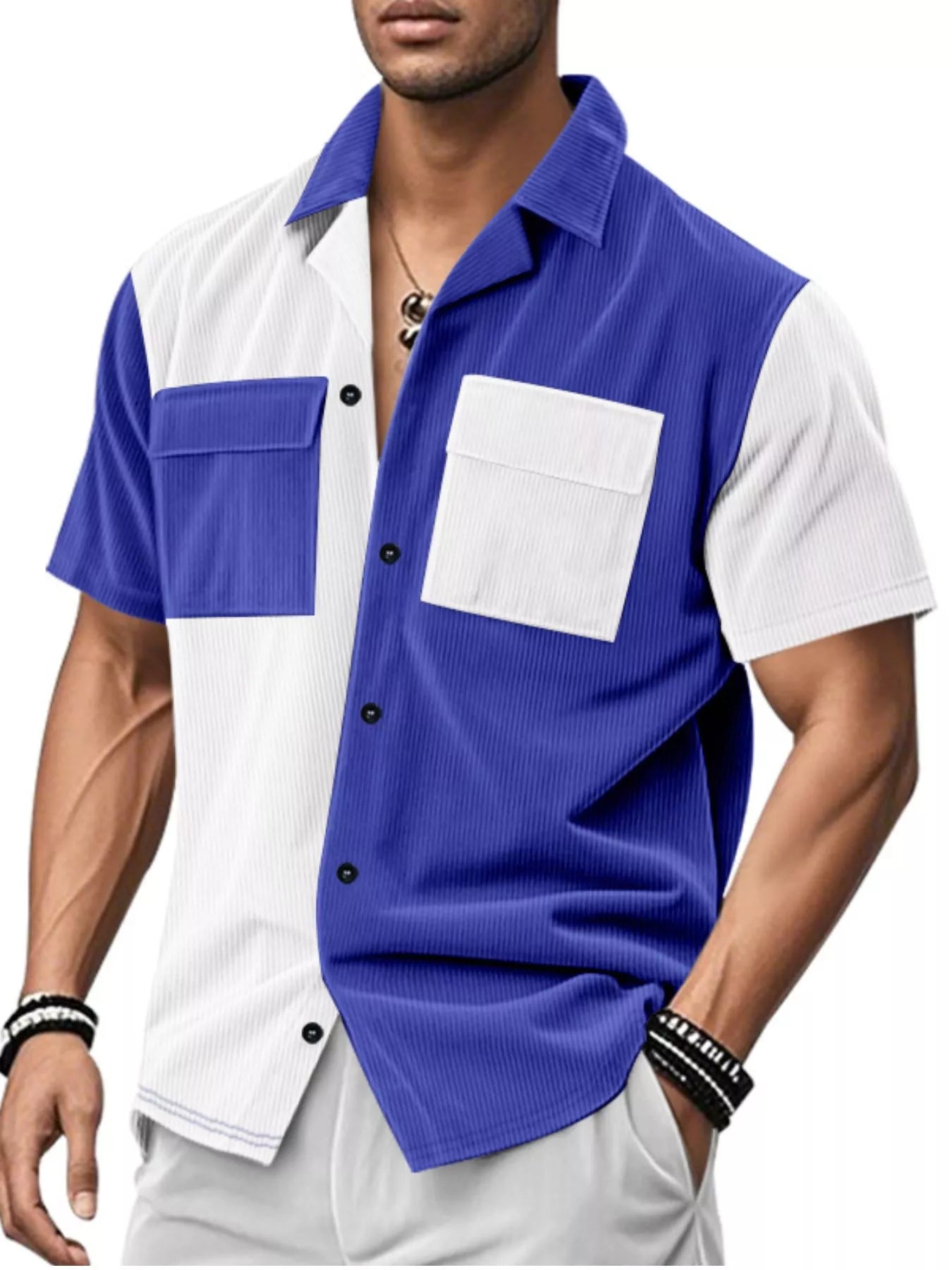 Color block corduroy short sleeve shirt for men by RIGOR, featuring a stylish design and vibrant color sections.