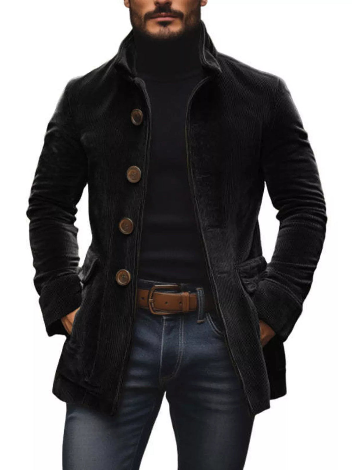 Men's vintage single-breasted stand collar coat by Trendsi, shown in a classic style with a stand collar and tailored fit.