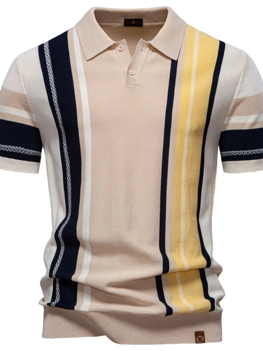 Men's contrast striped knit polo shirt by Trendsi, featuring a classic collar and short sleeves, displayed on a white background.