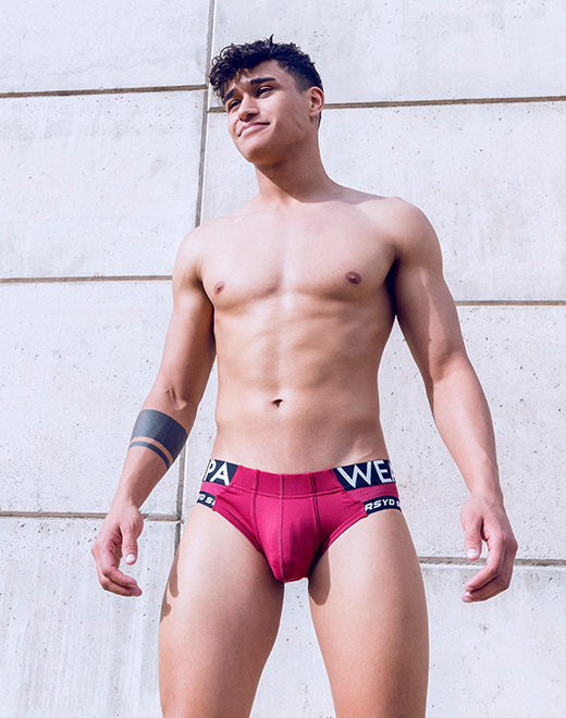 Red Supawear SPR Max Brief underwear by CITYBOYZ★USA, featuring a snug fit and bold design, displayed on a white background.