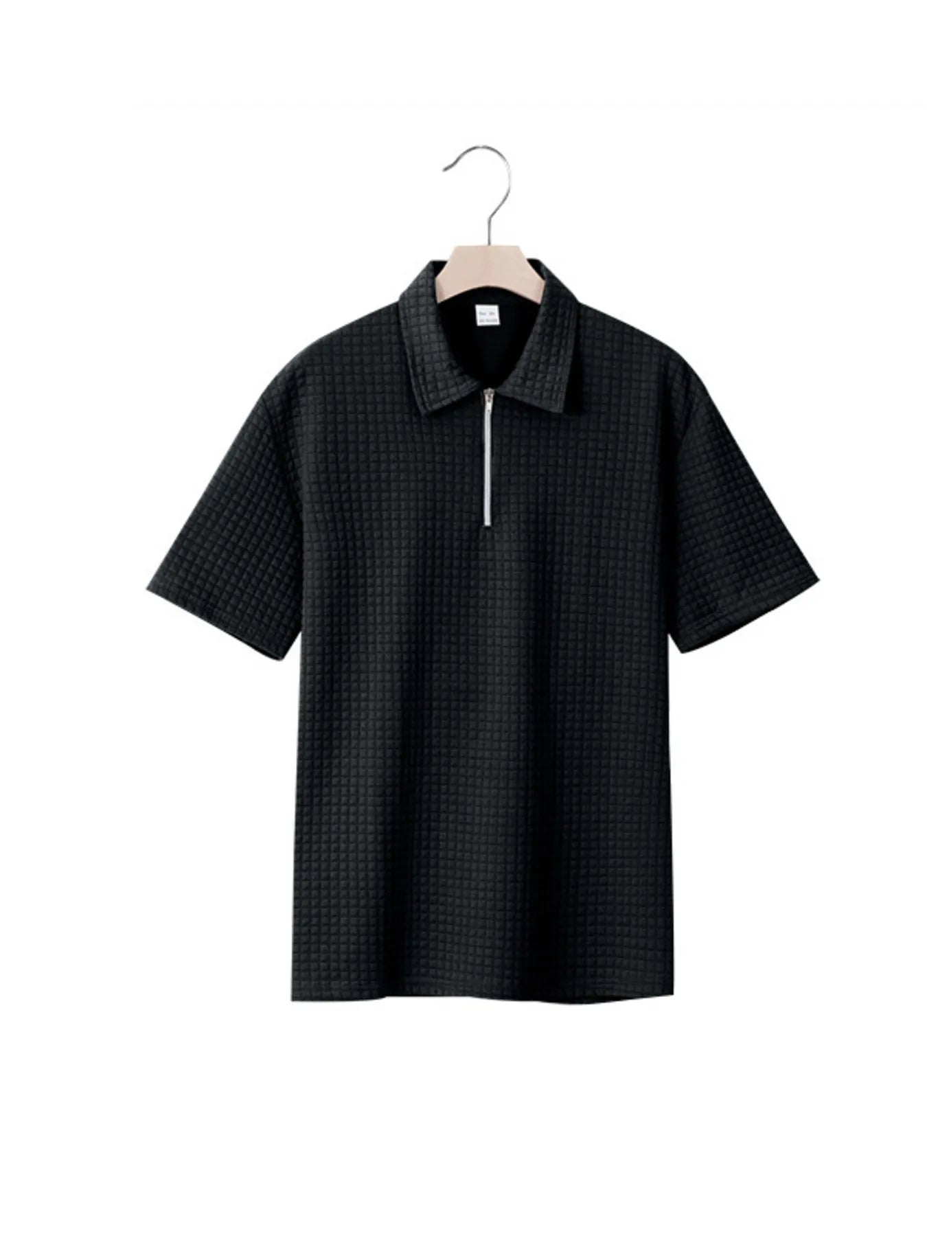 Men's waffle short sleeve polo shirt with zipper detail by Trendsi, featuring a classic collar and casual fit.