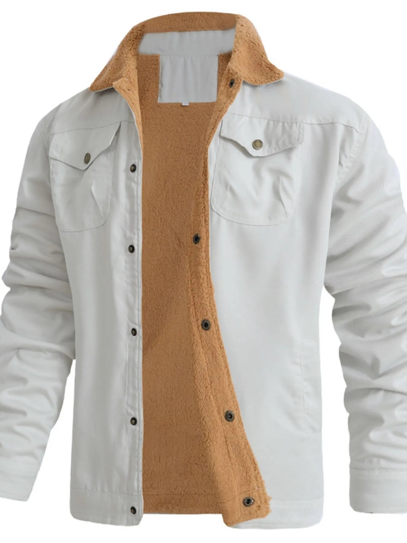 Men's plus size Sherpa-lined long sleeve jacket, trendy men's outerwear with cozy sherpa lining, stylish and warm for cold weather.