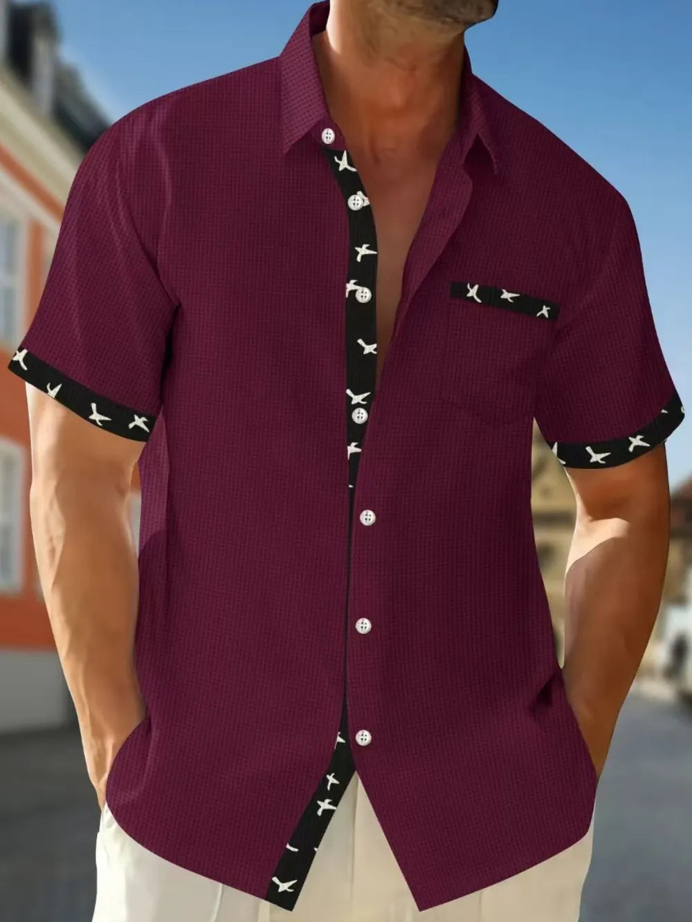 Men's waffle knit short sleeve shirt by Trendsi, AriaStyle with contrast trim, showcasing a casual knit shirt design.