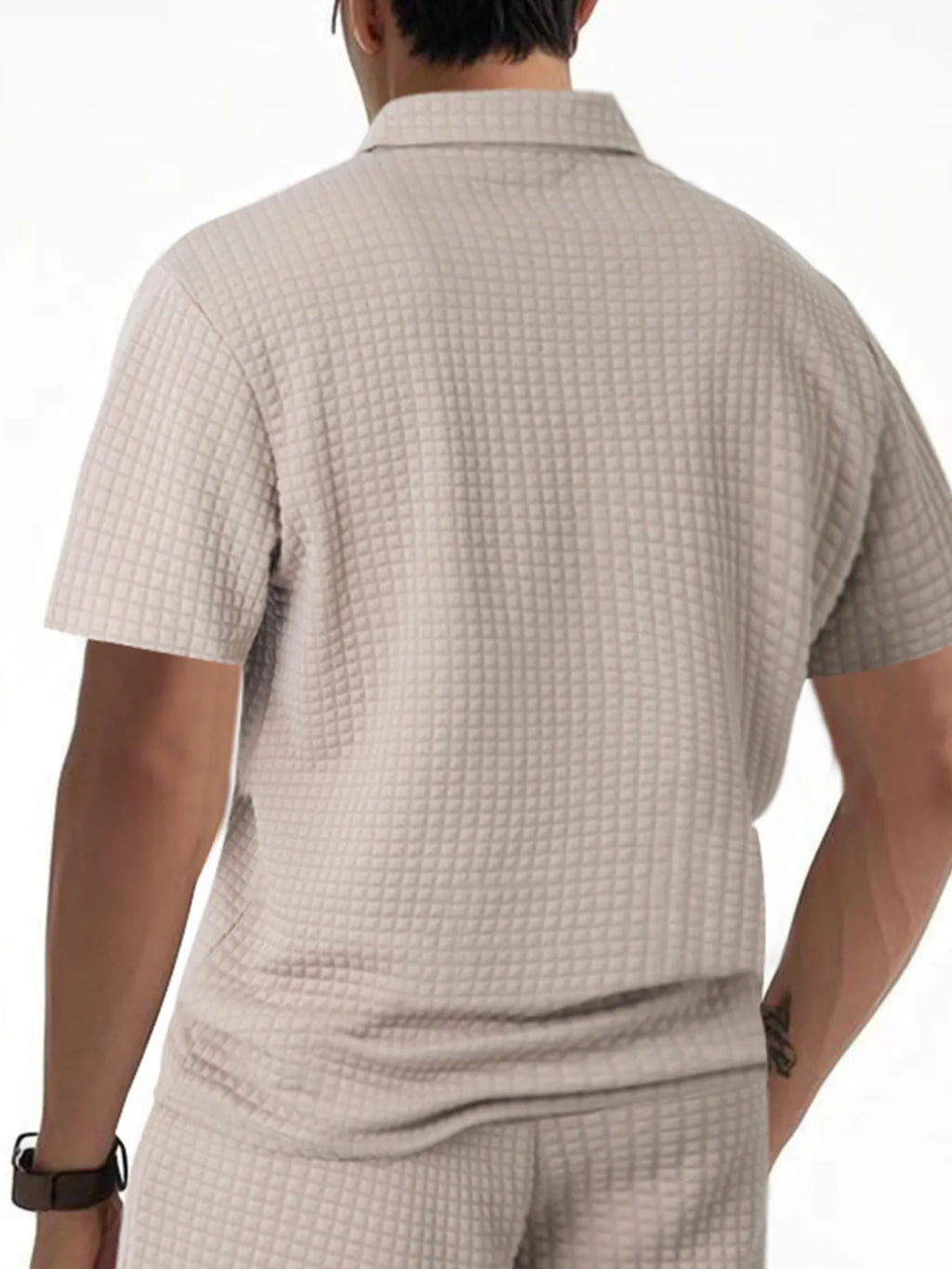 Men's waffle short sleeve polo shirt with zipper detail by Trendsi, featuring a classic fit and stylish design.