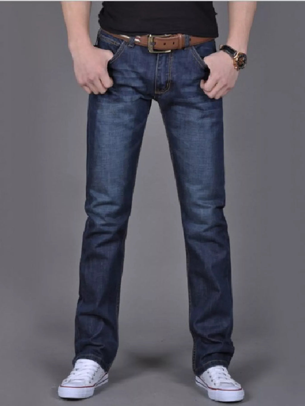 Nobilityze men's slim fit jeans from Trendsi, showing dark wash denim pants with classic five-pocket design and slim silhouette.