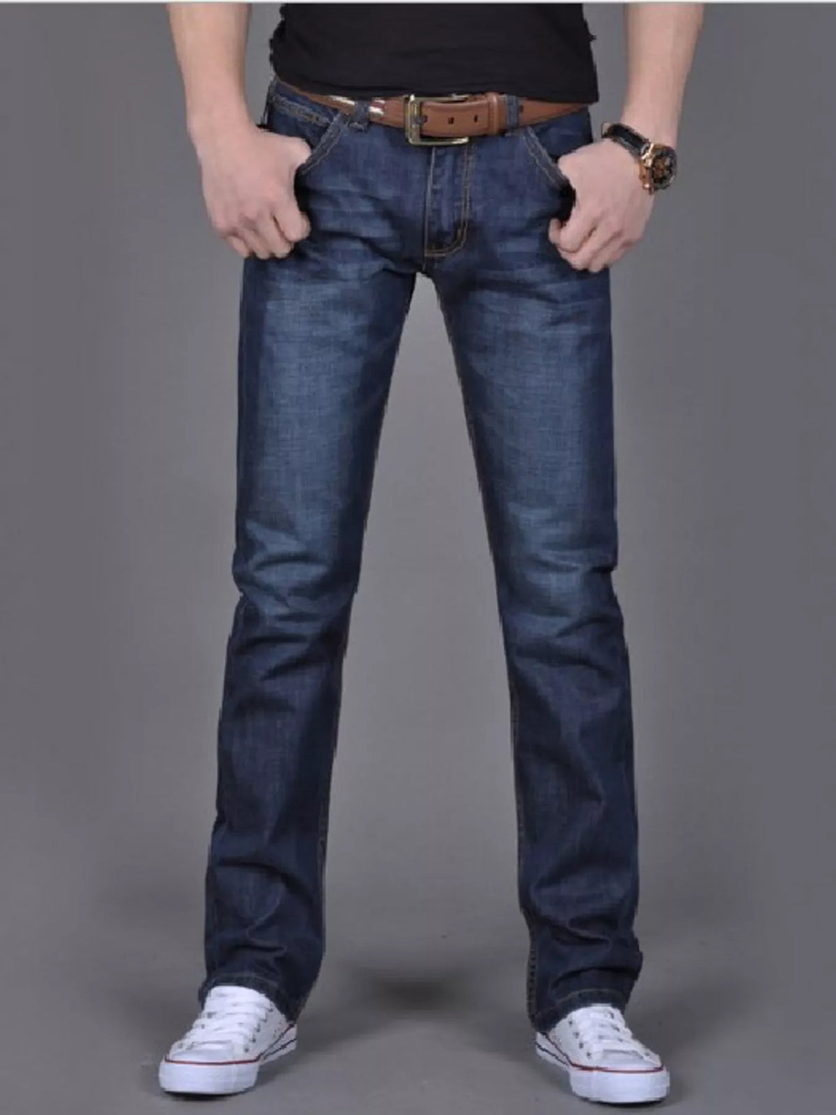 Nobilityze men's slim fit jeans from Trendsi, showing dark wash denim pants with classic five-pocket design and slim silhouette.