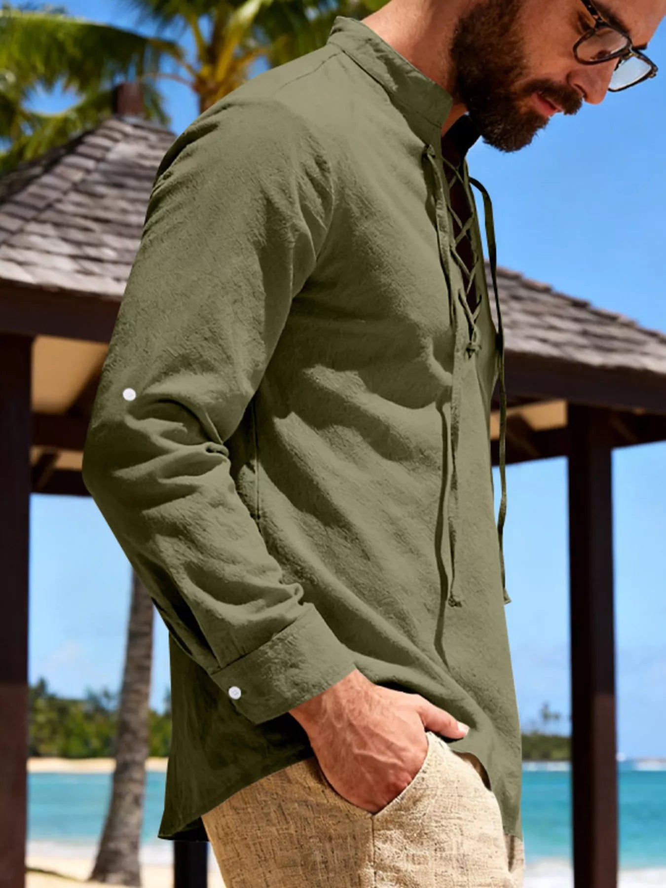Men's casual linen shirt with lace-up front, full size, in light fabric, by RIGOR, perfect for relaxed, stylish outfits.