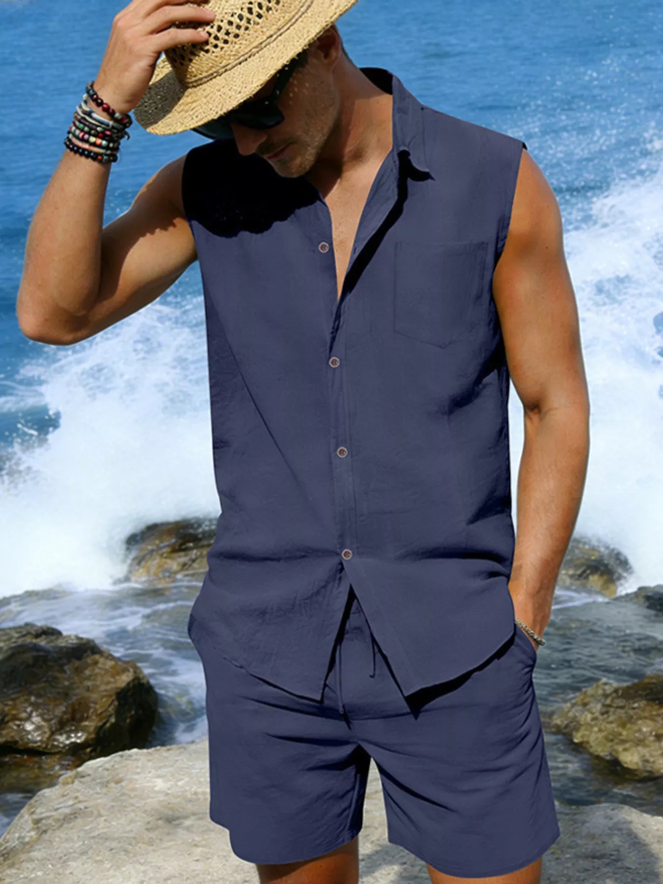 RIGOR men's casual short sleeve polo and shorts set, trendy shorts set by Trendsi displayed on model in neutral background