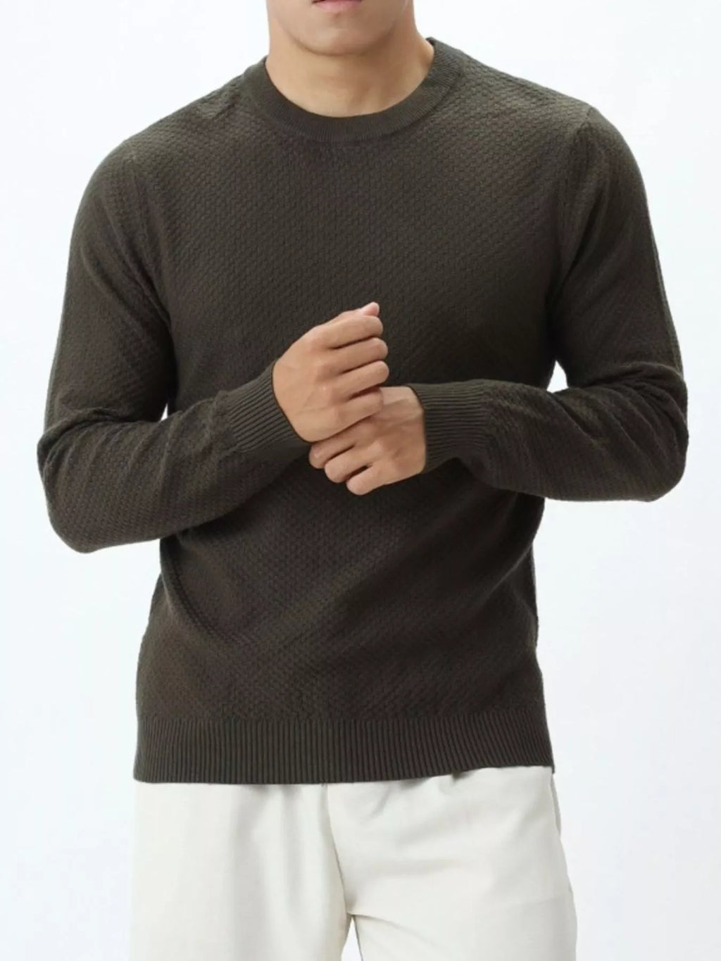 Plus size men's ValiantMan textured crew neck sweater by Trendsi, featuring a cozy knit pattern and comfortable fit.