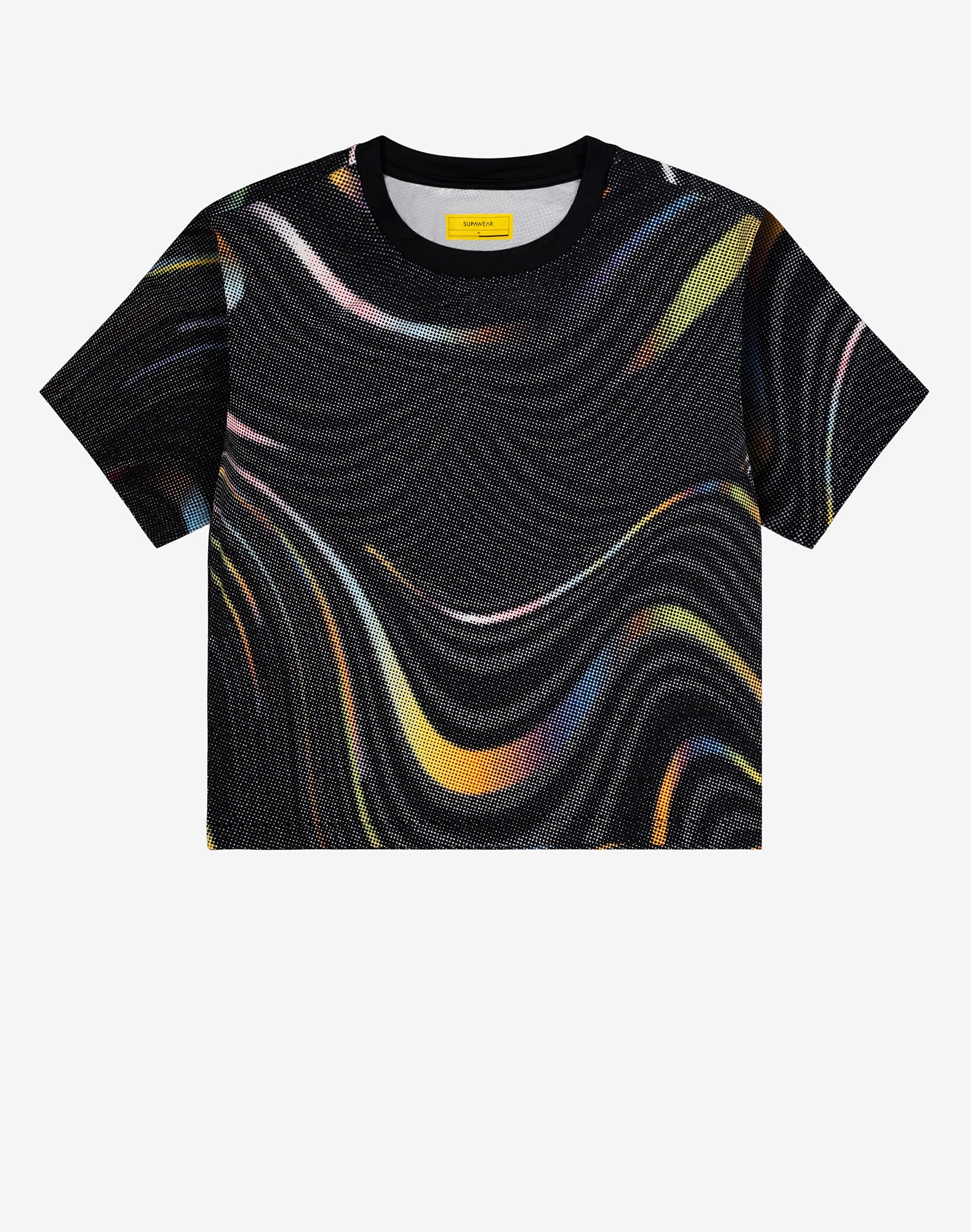 Front view of CITYBOYZ★USA Supawear Pride Swirls cropped T shirt with colorful swirl design on the front.