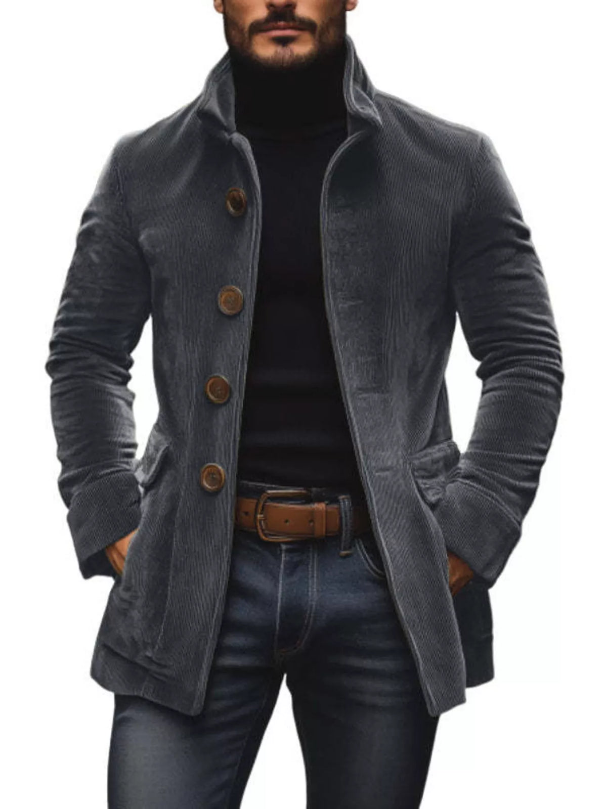 Men's vintage single-breasted stand collar coat with classic design, black color, and stylish lapel details.