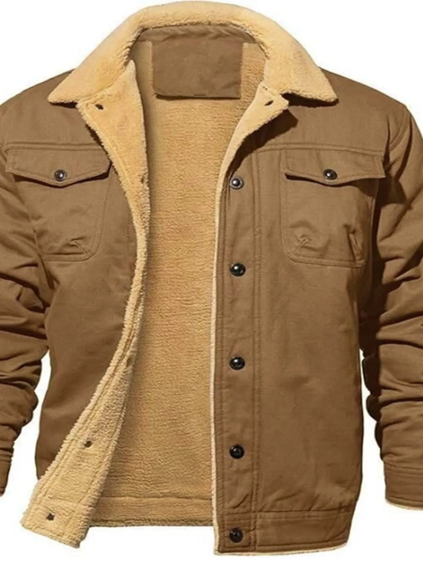 Men's plus size Sherpa-lined long sleeve jacket, trendy men's outerwear with cozy sherpa interior, by Trendsi