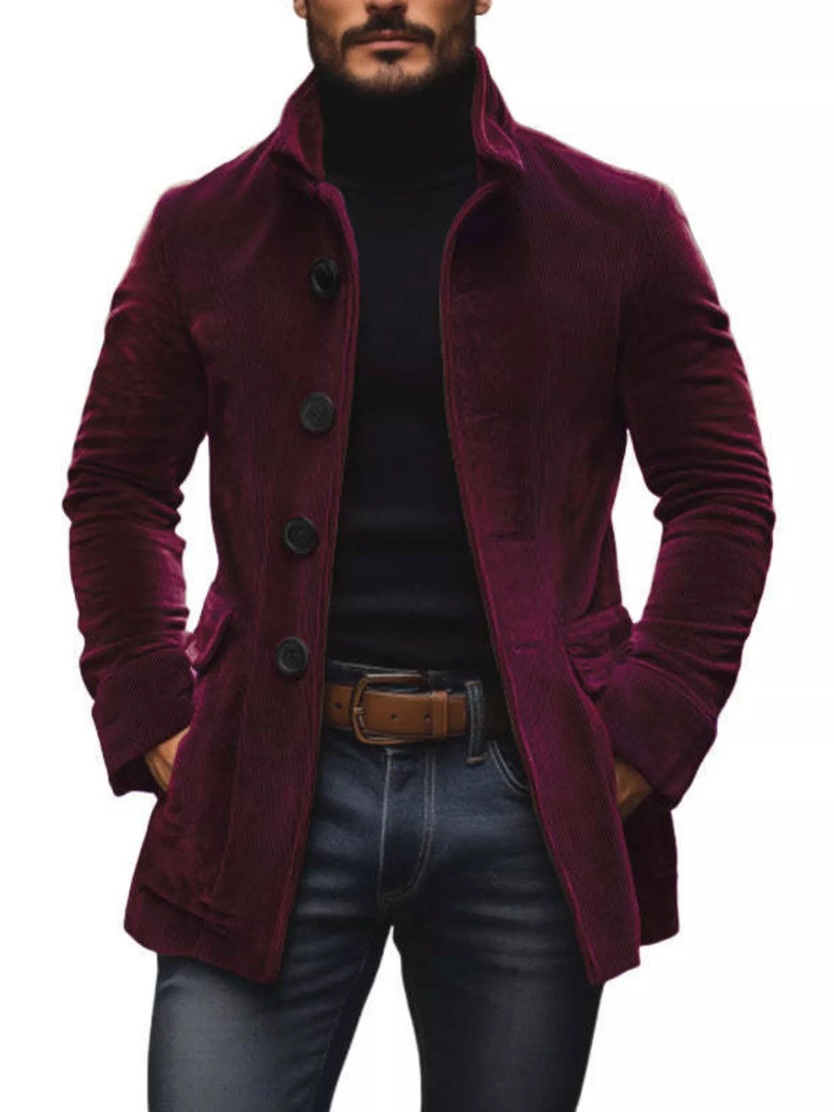 Men's vintage single-breasted stand collar coat from Trendsi, featuring classic design and tailored fit, shown on a male model.