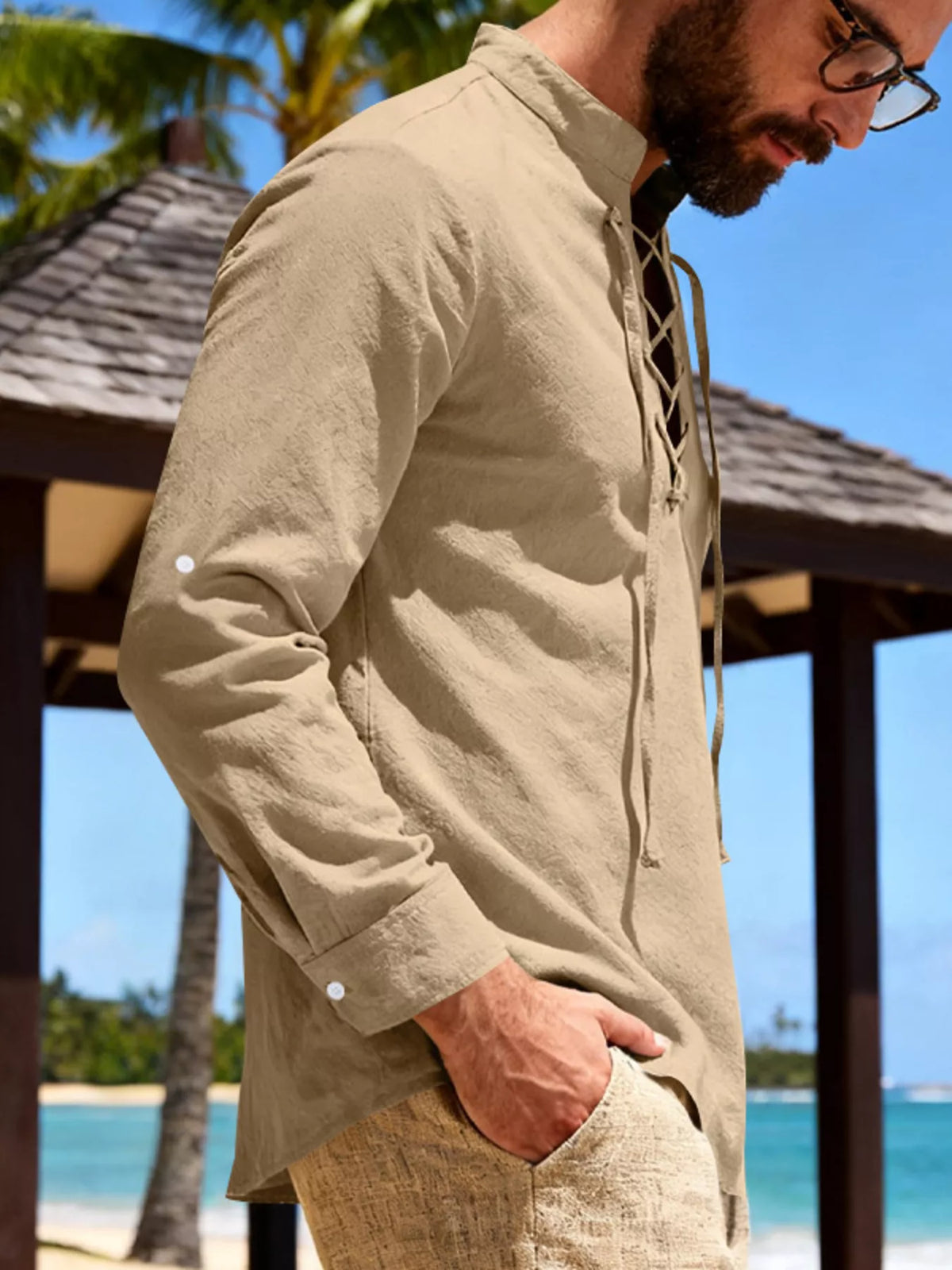 RIGOR men's casual linen shirt with full size fit, lace-up front, lightweight fabric, in a neutral color, from Trendsi.