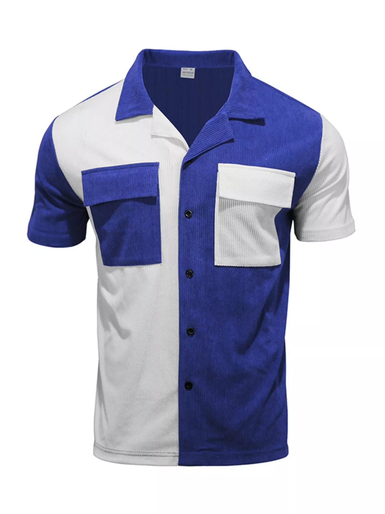 Color block corduroy short sleeve shirt for men by Trendsi, featuring a stylish full-size design and vibrant color contrast.