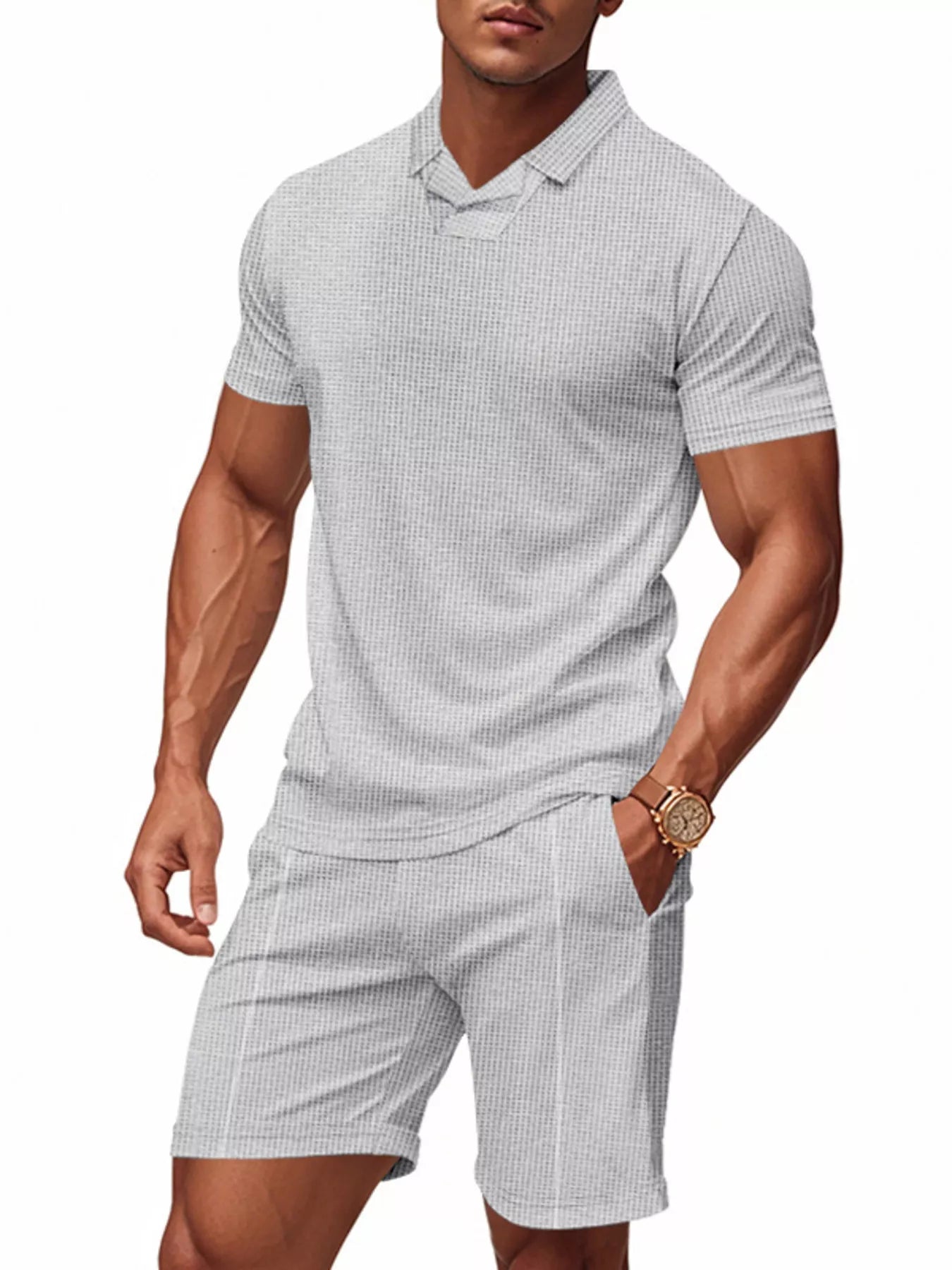 Men's casual short sleeve polo and shorts set by Trendsi, featuring a relaxed fit and comfortable fabric, perfect for summer wear.