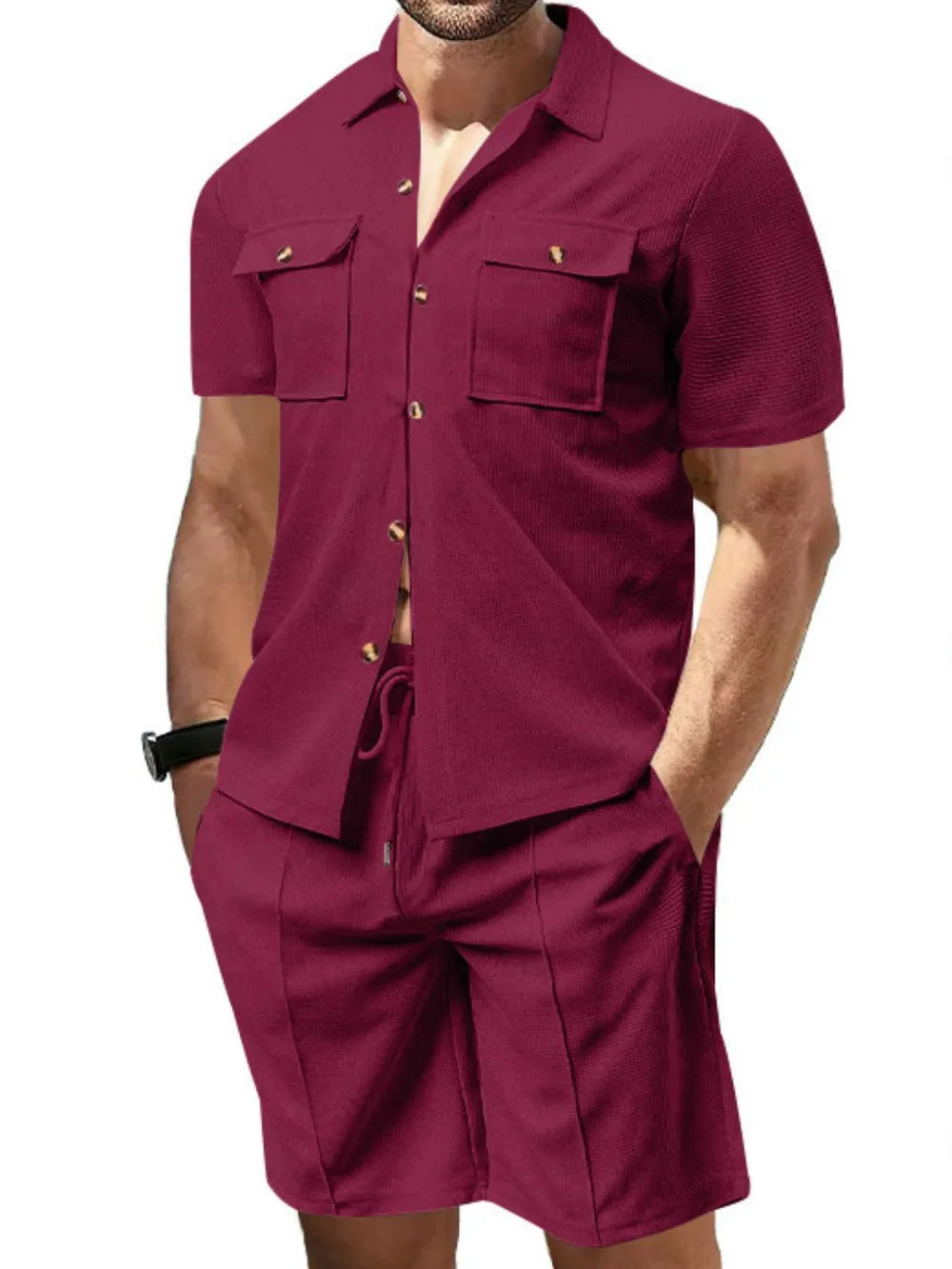 AriaStyle men's short sleeve button-down top and matching shorts set, casual summer outfit, Trendsi brand, shown in navy blue.
