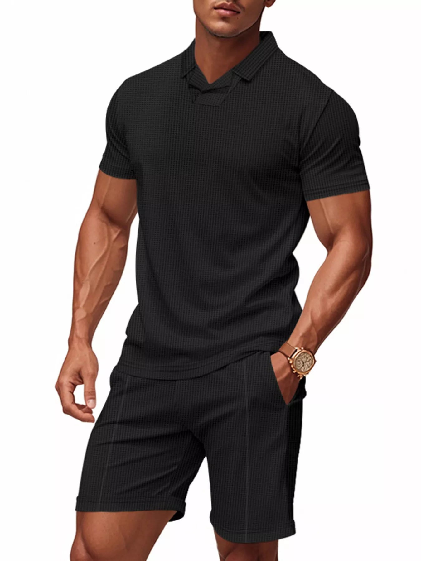 Trendsi RIGOR men's casual short sleeve polo and matching shorts set, light fabric, and relaxed fit, ideal for summer wear.
