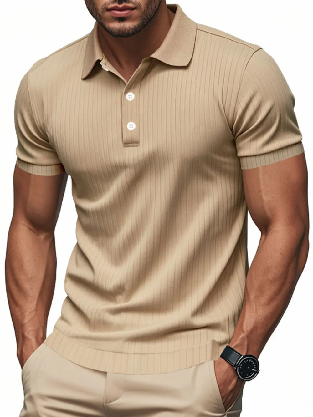 Men's full size ribbed short sleeve polo shirt by Trendsi, featuring a classic design and comfortable fit.