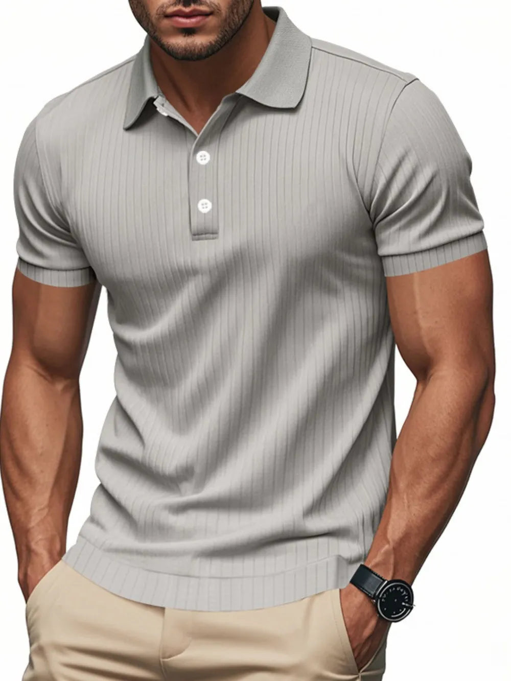 Men's ribbed short sleeve polo shirt by Trendsi, full size plus size, with a classic collar and ribbed fabric detail.