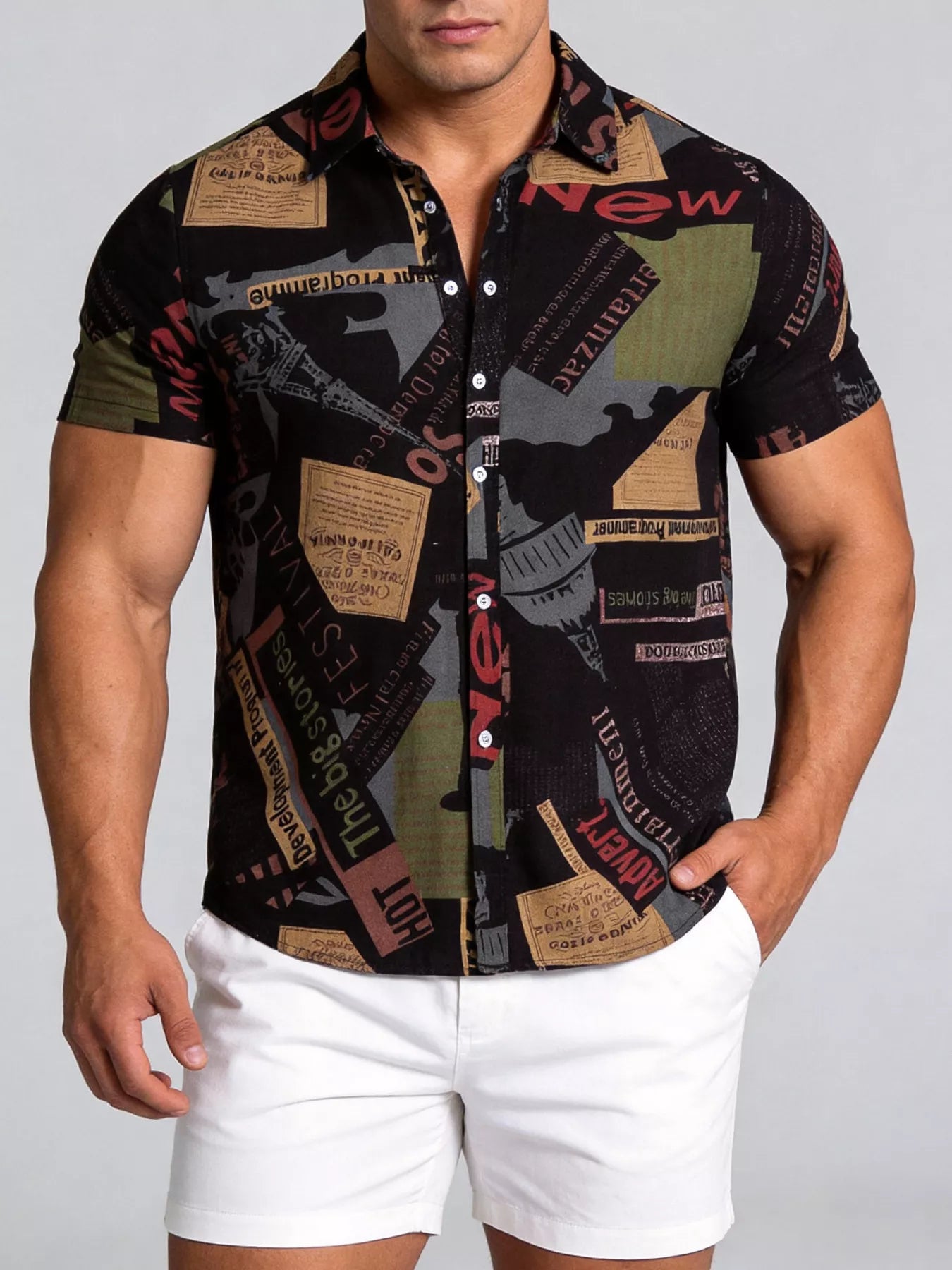 LusterMan men's casual short sleeve shirt in lightweight fabric with a button-up front and classic collar, displayed on a hanger.